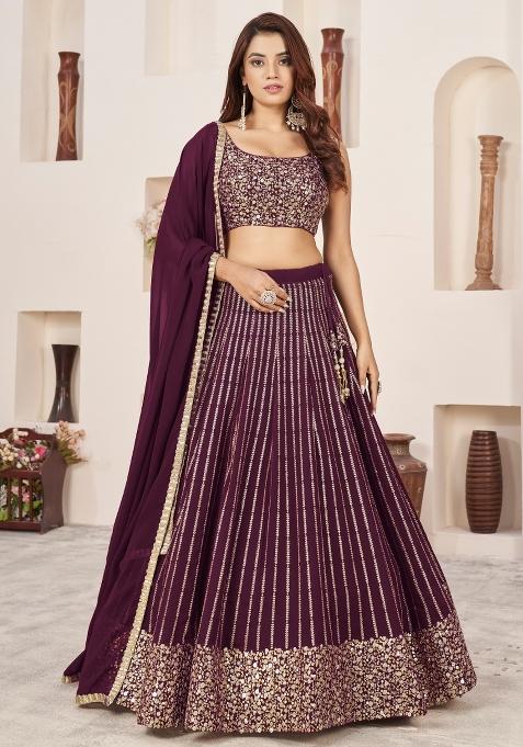 Wine Sequin Work Georgette Lehenga Set