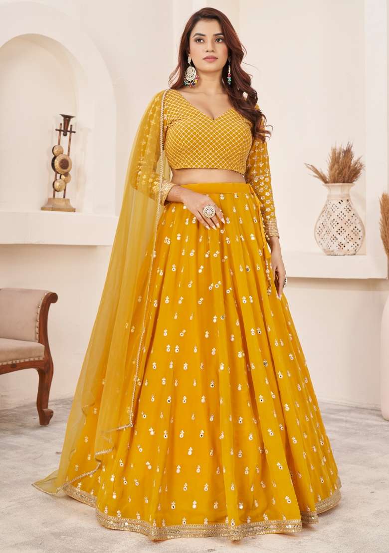 Yellow Sequin Work Georgette Lehenga Set for Diwali and Festive Wear - Indya
