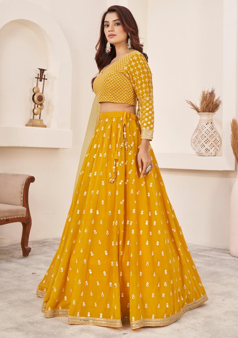 Yellow Sequin Work Georgette Lehenga Set - Indya