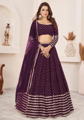 Wine Sequin Work Georgette Lehenga Set