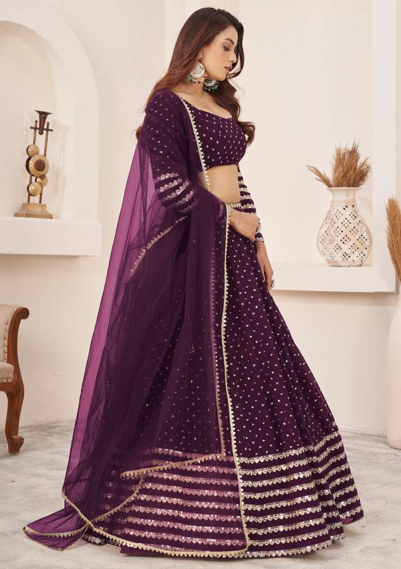 Wine Sequin Work Georgette Lehenga Set for Diwali and Festive Wear - Indya