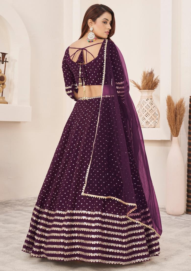 Wine Sequin Work Georgette Lehenga Set - Indya