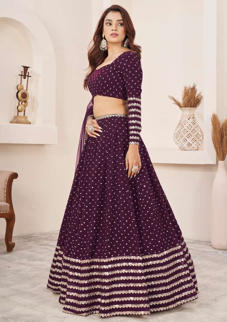 Wine Sequin Work Georgette Lehenga Set for Diwali and Festive Wear - Indya