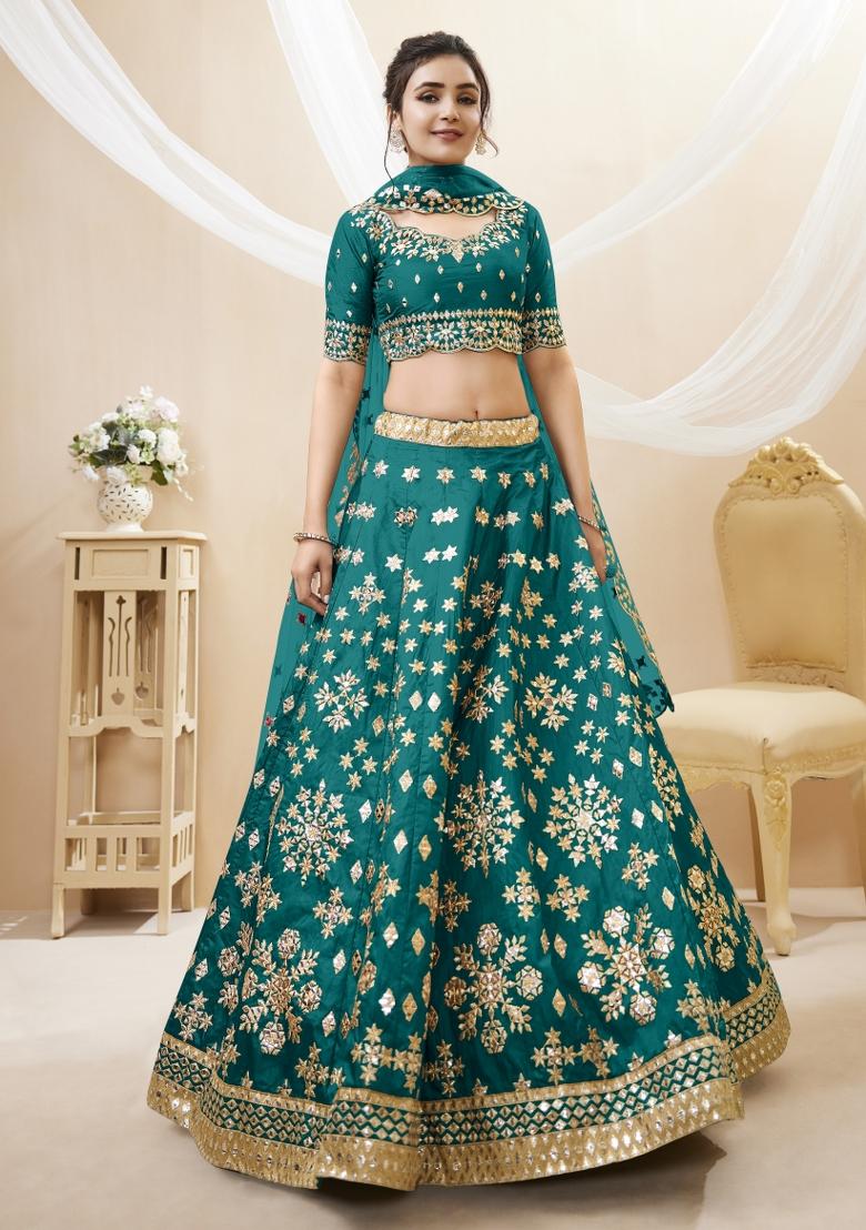 Green Sequin Work Silk Blend Lehenga Set - Indya
