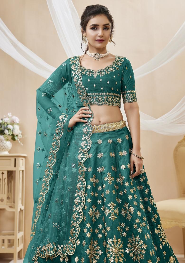 Green Sequin Work Silk Blend Lehenga Set - Indya