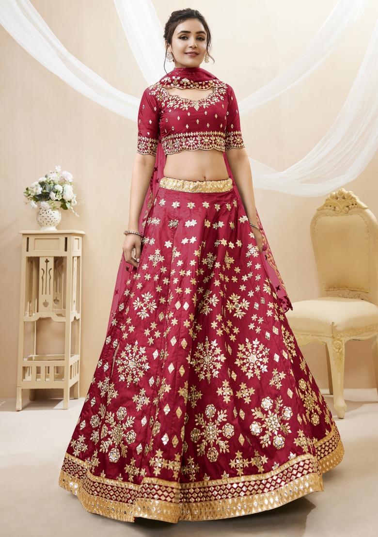 Red Sequin Work Silk Blend Lehenga Set - Indya