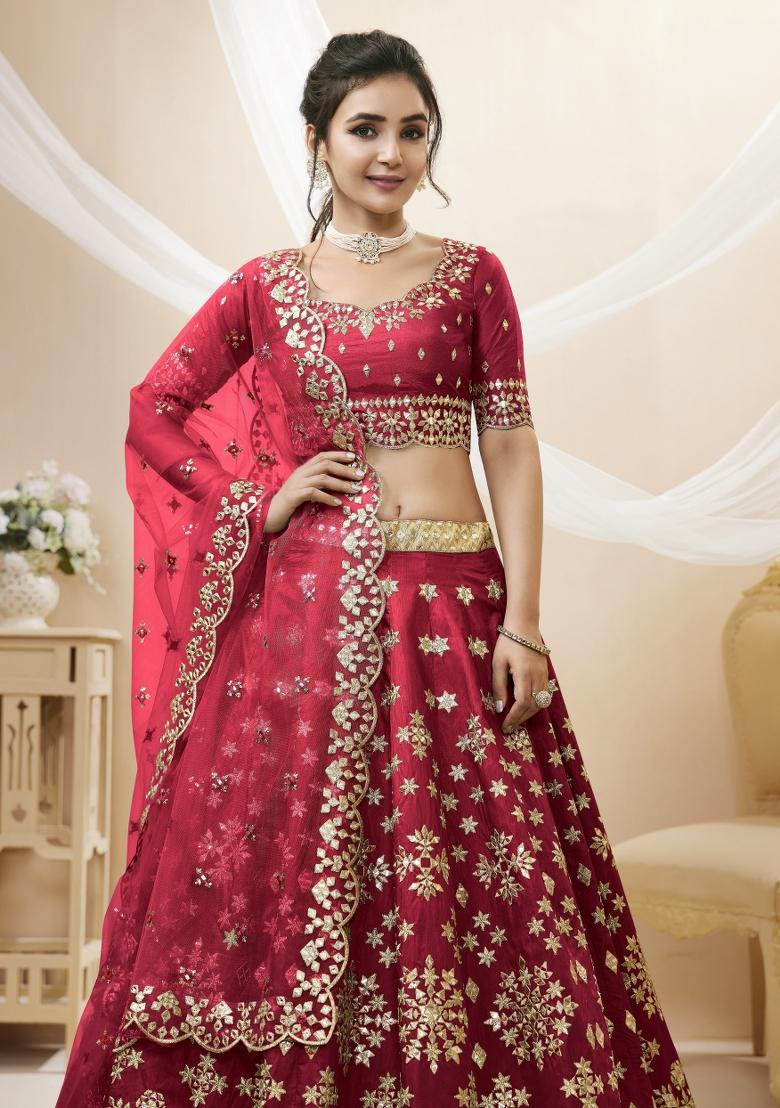 Red Sequin Work Silk Blend Lehenga Set - Indya