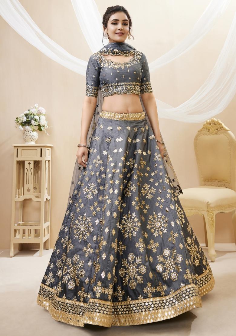 Grey Sequin Work Silk Blend Lehenga Set - Indya