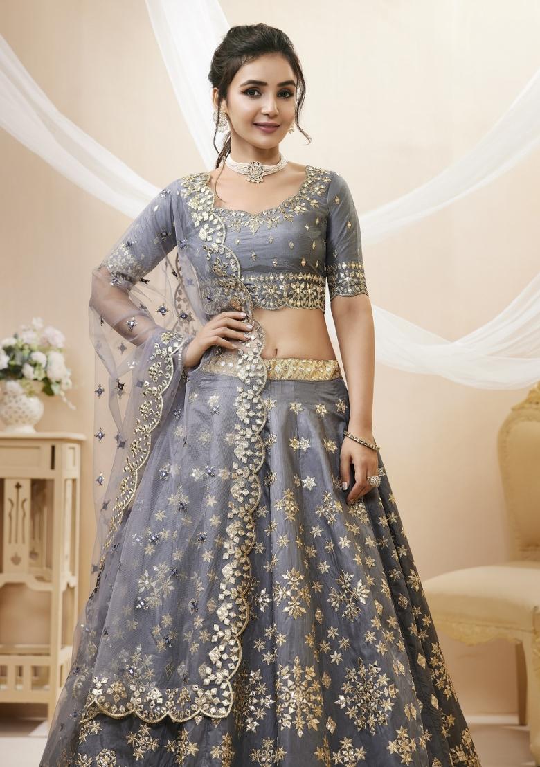 Grey Sequin Work Silk Blend Lehenga Set - Indya