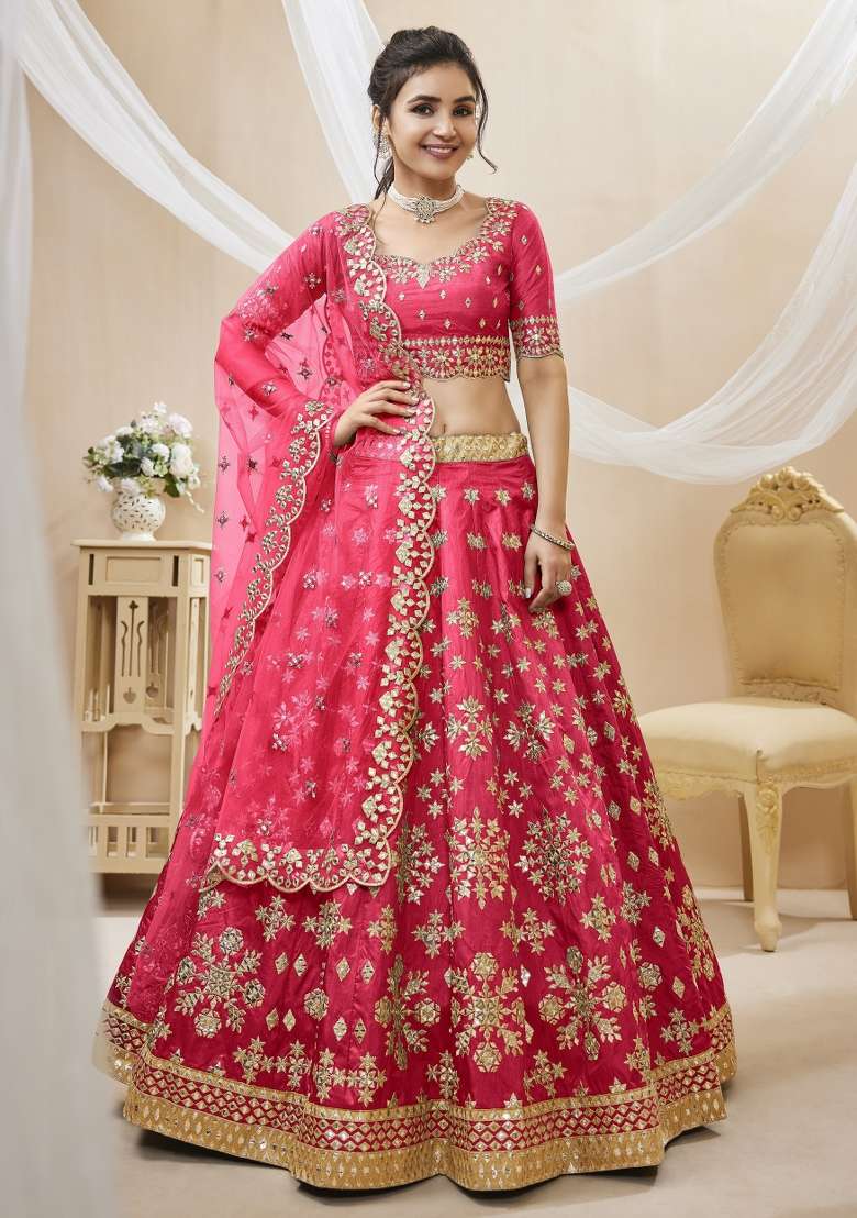 Pink Work Silk Blend Lehenga Set with Sequin for Diwali | Wedding & Festive Wear - Indya