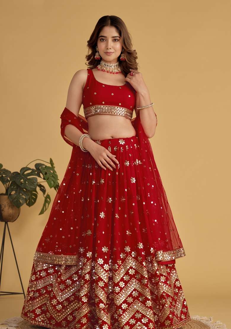 Red Sequin Work Georgette Lehenga Set for Diwali and Festive Wear - Indya