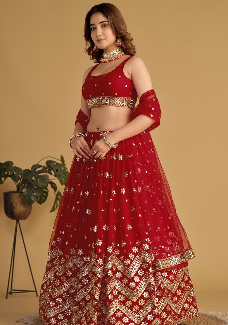 Red Sequin Work Georgette Lehenga Set - Indya