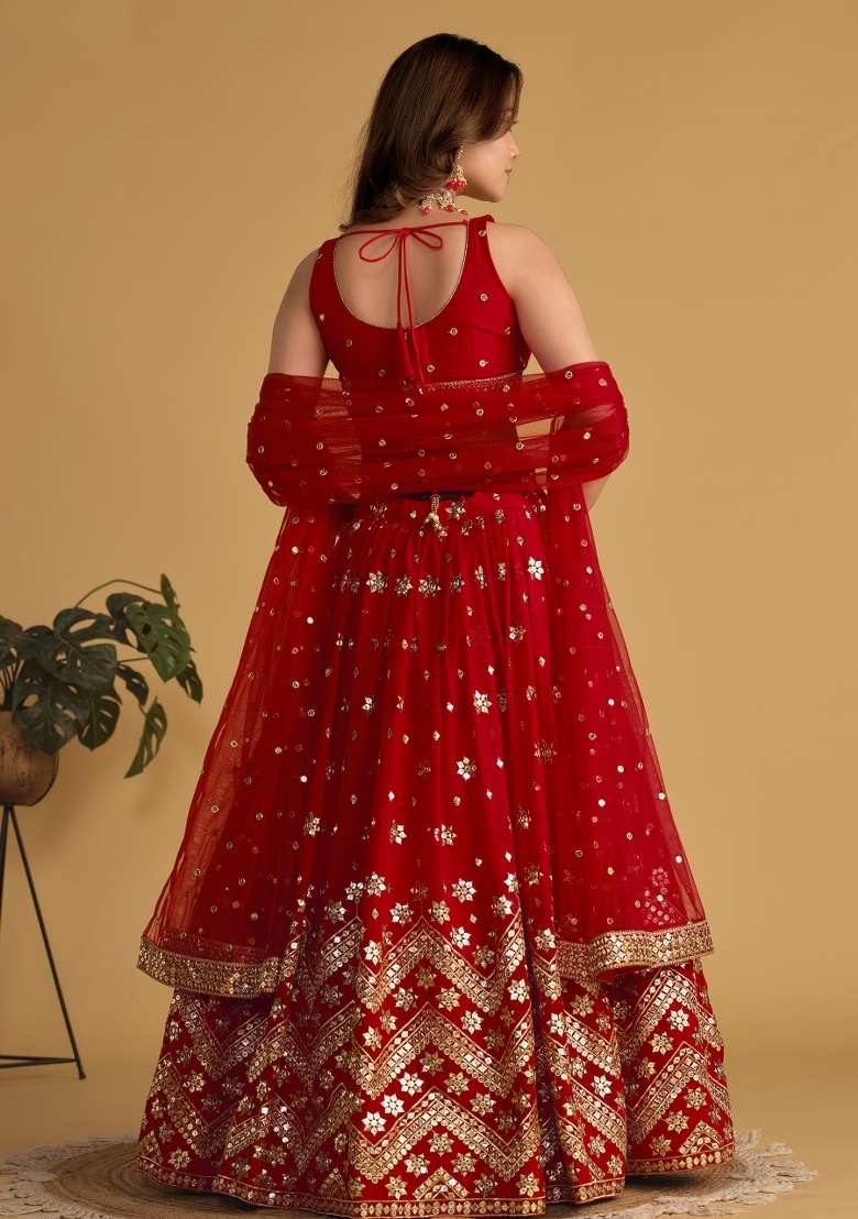Red Sequin Work Georgette Lehenga Set for Diwali and Festive Wear - Indya