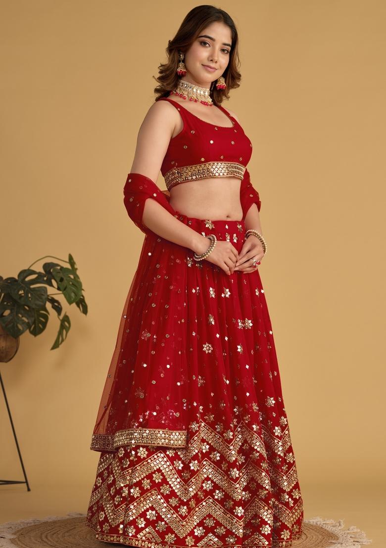 Red Sequin Work Georgette Lehenga Set - Indya