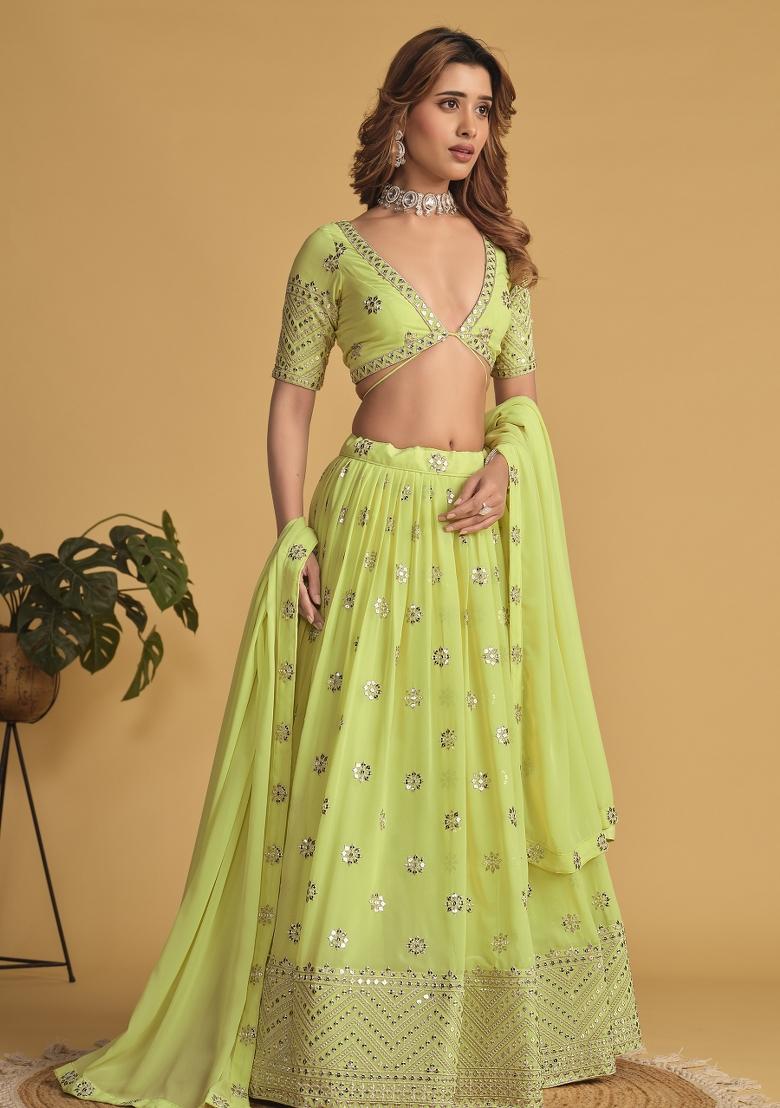 Neon Sequin Work Georgette Lehenga Set - Indya