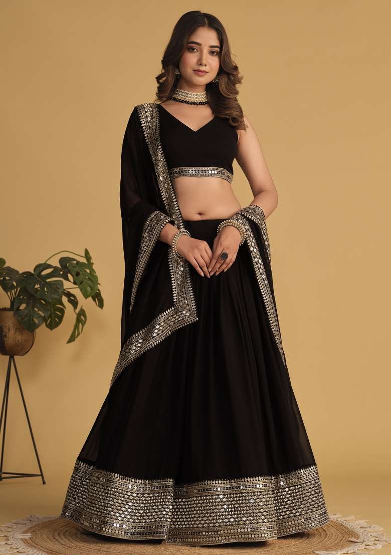 Black Sequin Work Georgette Lehenga Set for Diwali and Festive Wear - Indya