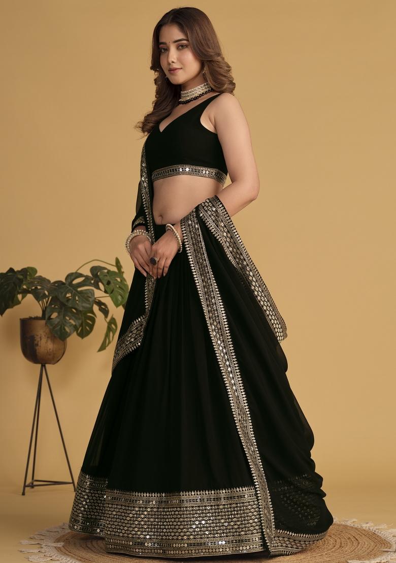 Black Sequin Work Georgette Lehenga Set - Indya