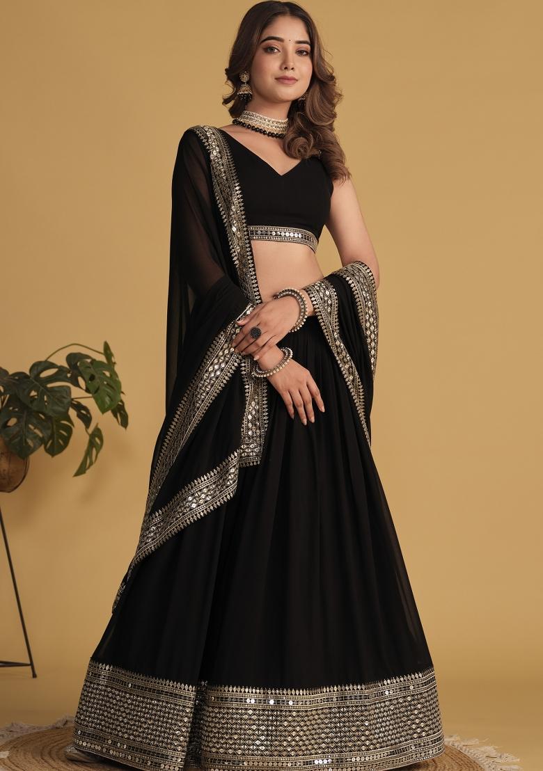 Black Sequin Work Georgette Lehenga Set - Indya