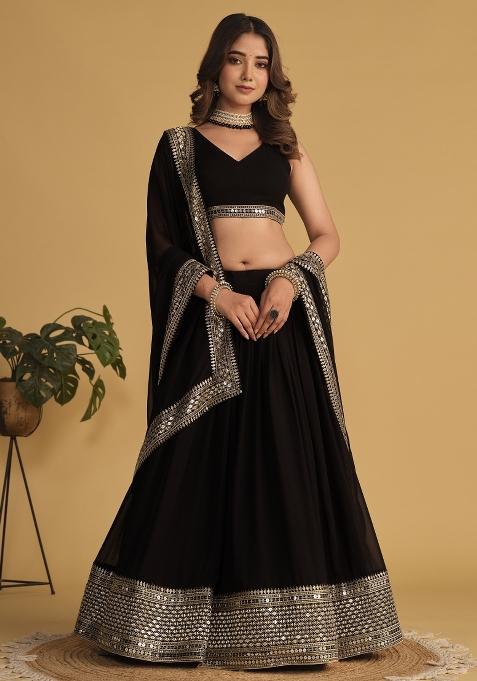 Black Sequin Work Georgette Lehenga Set