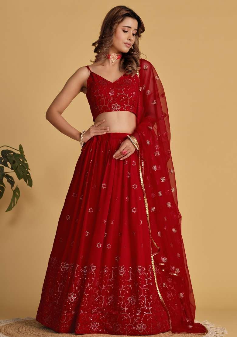 Red Sequin Work Georgette Lehenga Set for Diwali and Festive Wear - Indya