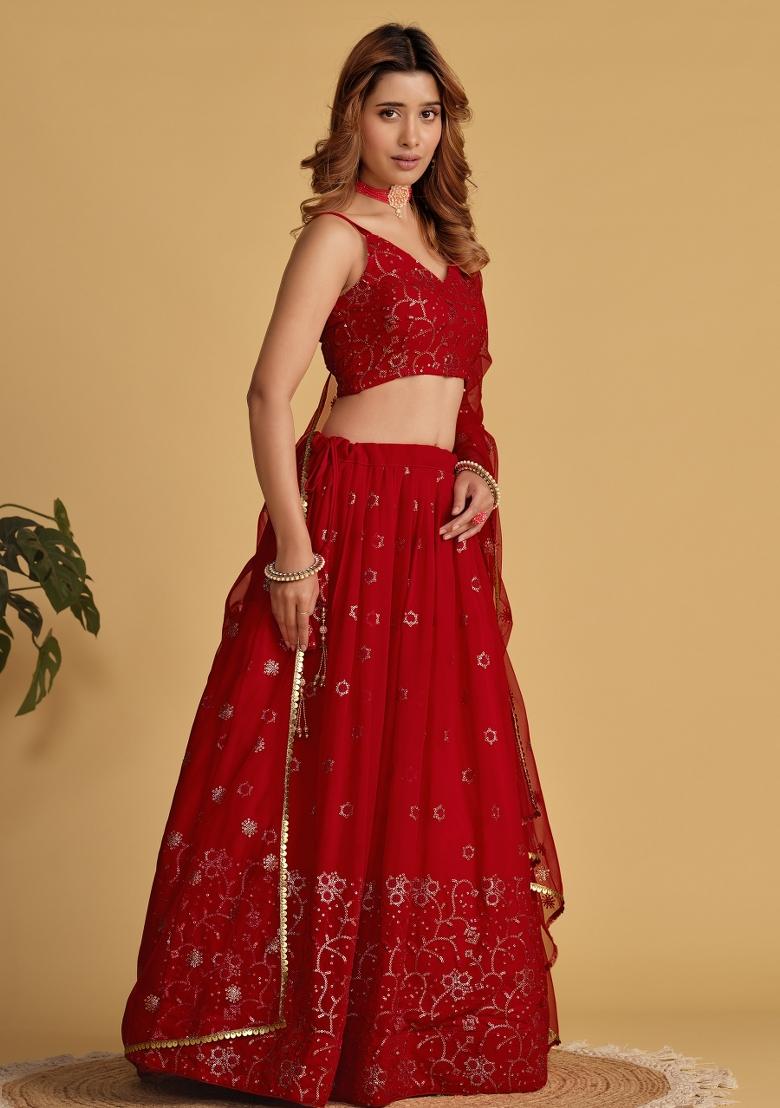 Red Sequin Work Georgette Lehenga Set - Indya