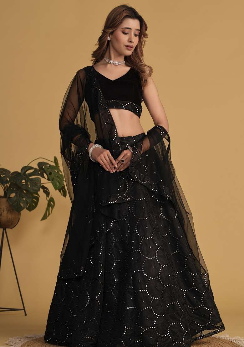 Black Work Net Lehenga Set with Sequin for Diwali | Wedding & Festive Wear - Indya