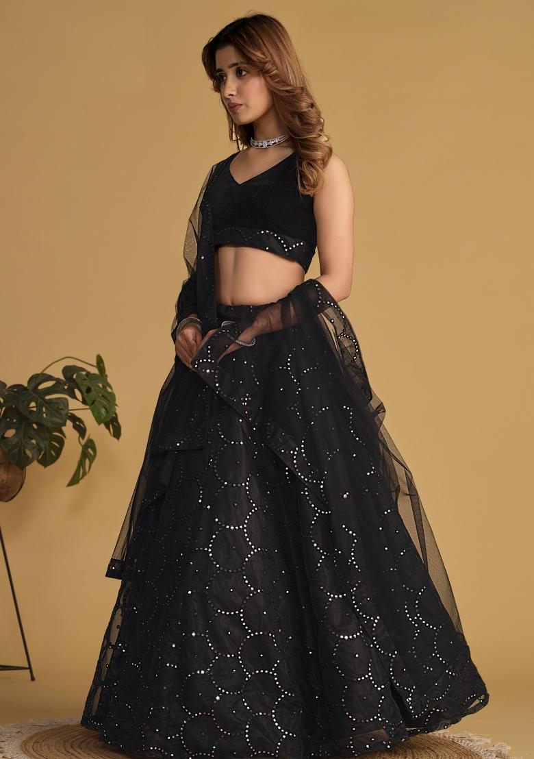 Black Sequin Work Net Lehenga Set - Indya