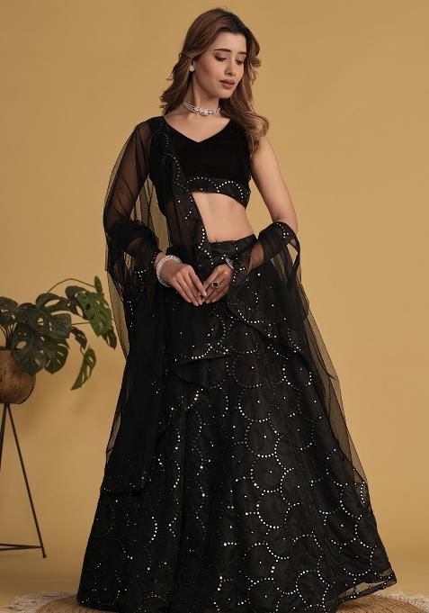 Black Sequin Work Net Lehenga Set