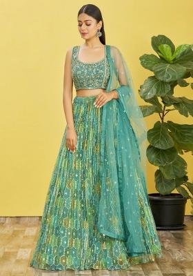Green Printed Organza Lehenga Set