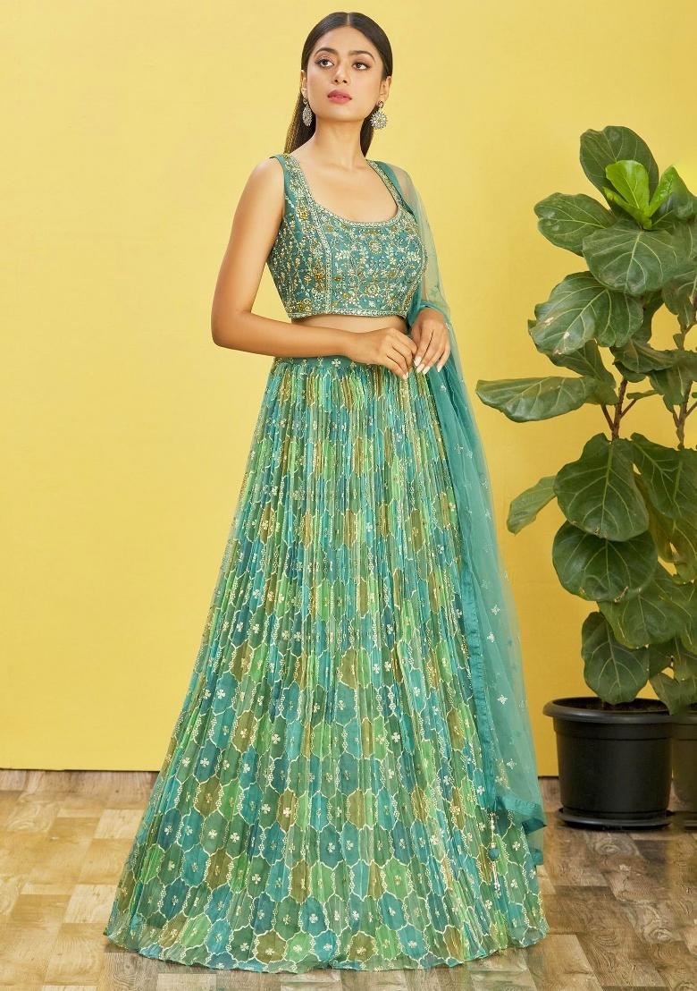 Green Printed Organza Lehenga Set - Indya