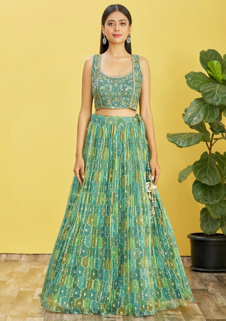 Green Printed Organza Lehenga Set - Indya