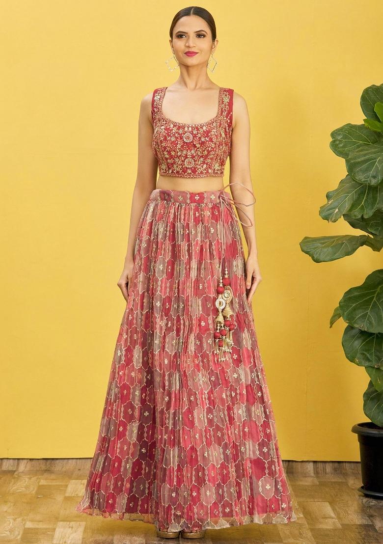 Brown Printed Organza Lehenga Set - Indya