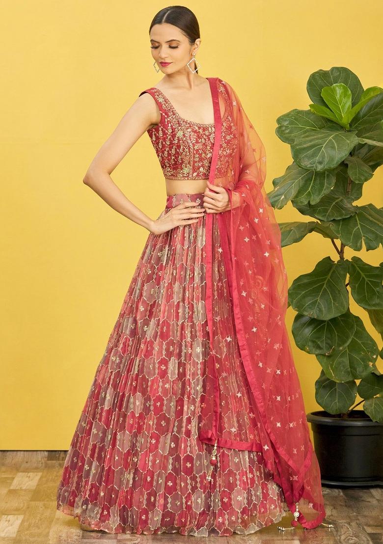 Brown Printed Organza Lehenga Set - Indya
