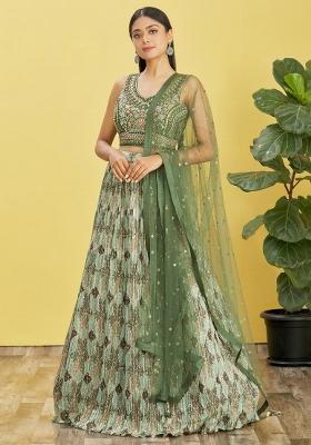 Green Printed Chiffon Lehenga Set