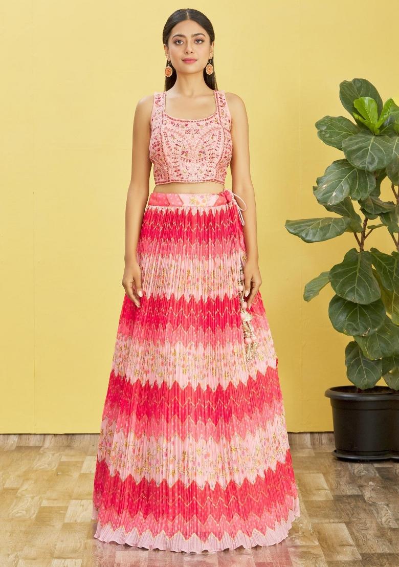 Pink Printed Chiffon Lehenga Set - Indya