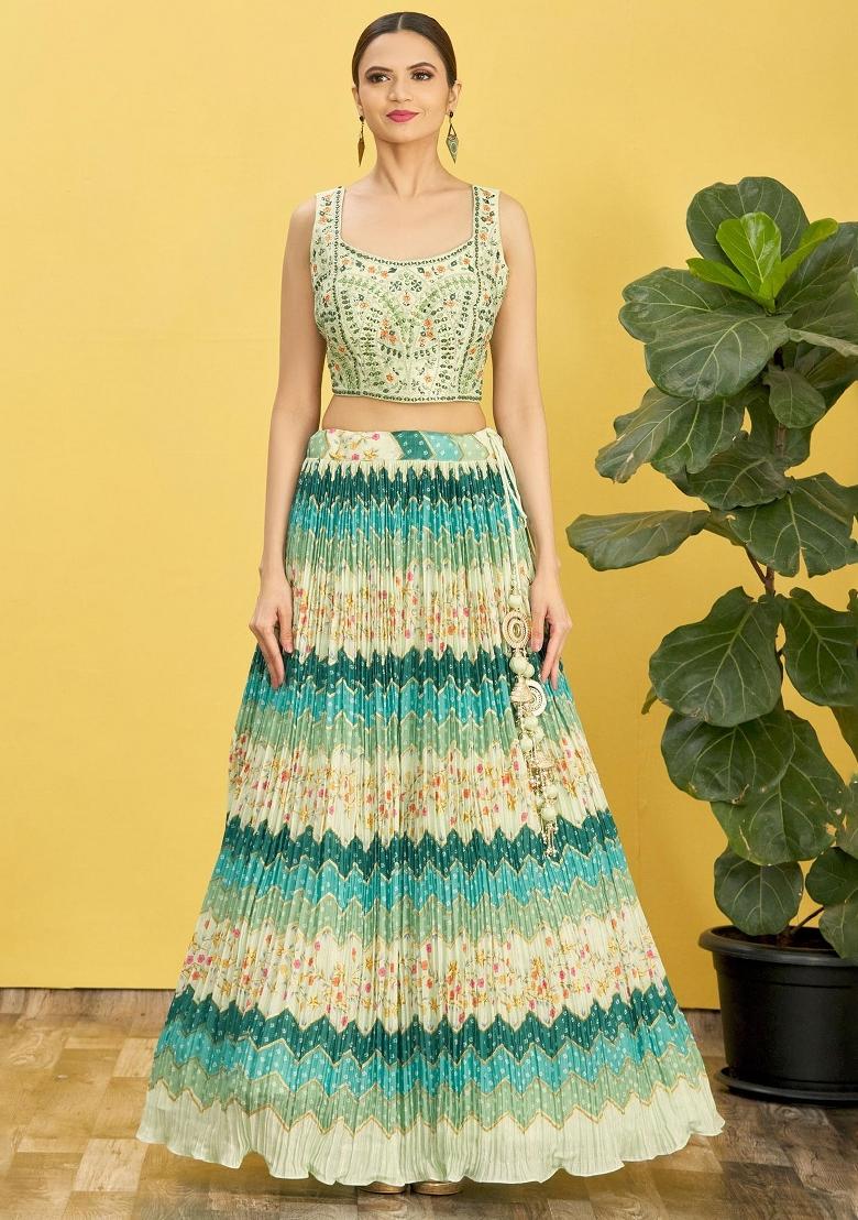 Green Printed Chiffon Lehenga Set - Indya
