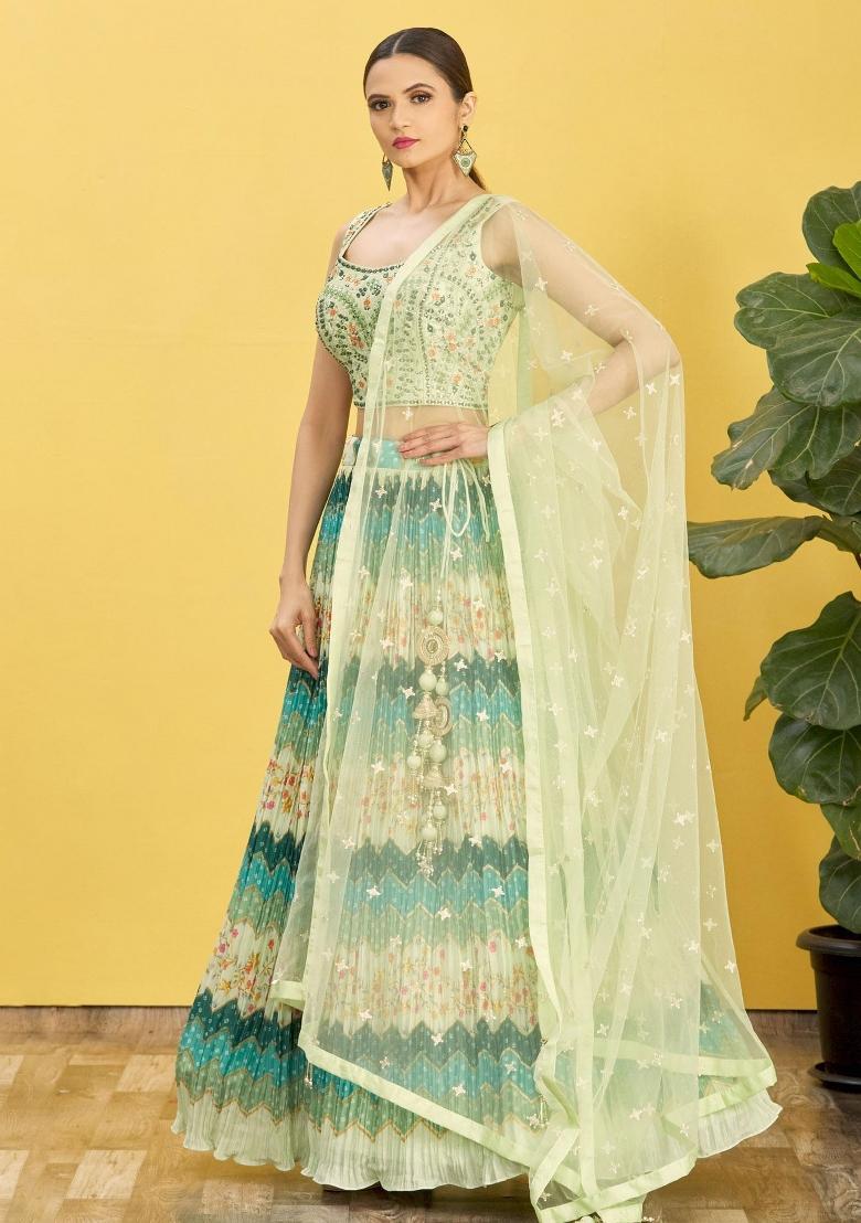 Green Printed Chiffon Lehenga Set - Indya