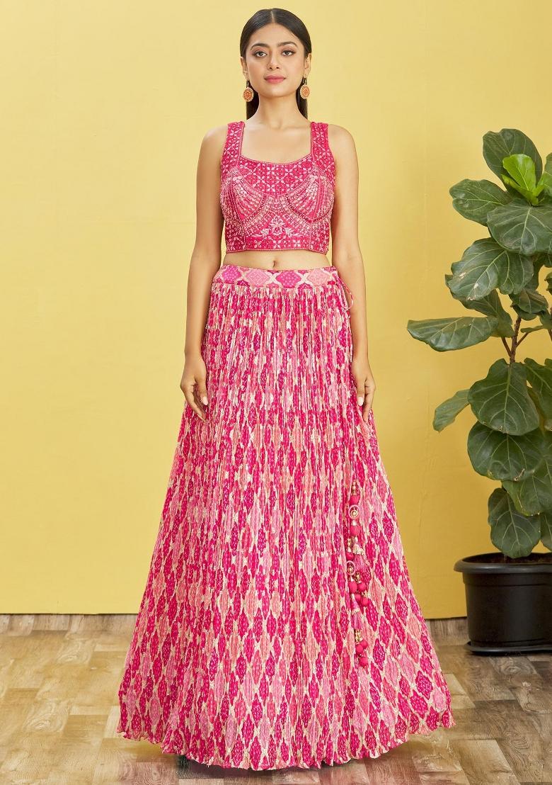 Pink Printed Chiffon Lehenga Set - Indya