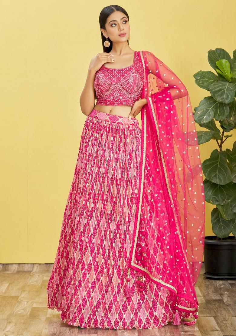 Pink Printed Chiffon Lehenga Set - Indya