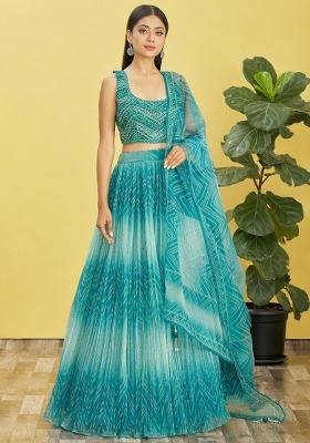 Sky Blue Printed Organza Lehenga Set