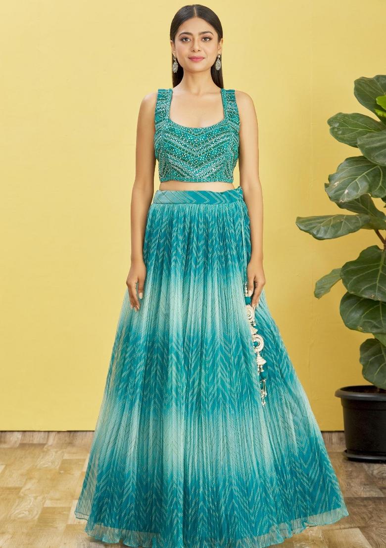 Sky Blue Printed Organza Lehenga Set - Indya