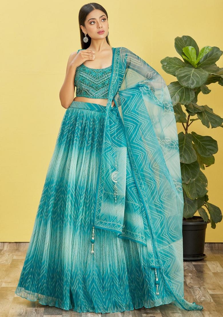 Sky Blue Printed Organza Lehenga Set - Indya