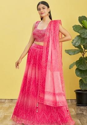Pink Printed Organza Lehenga Set