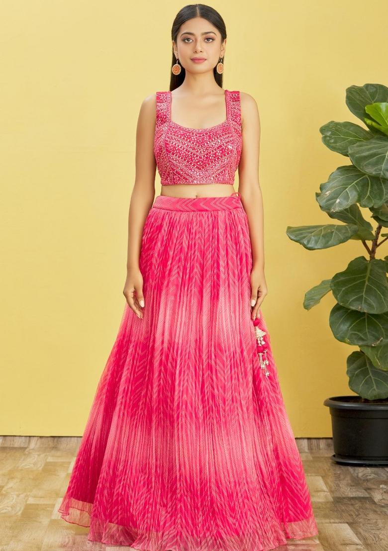 Pink Printed Organza Lehenga Set - Indya