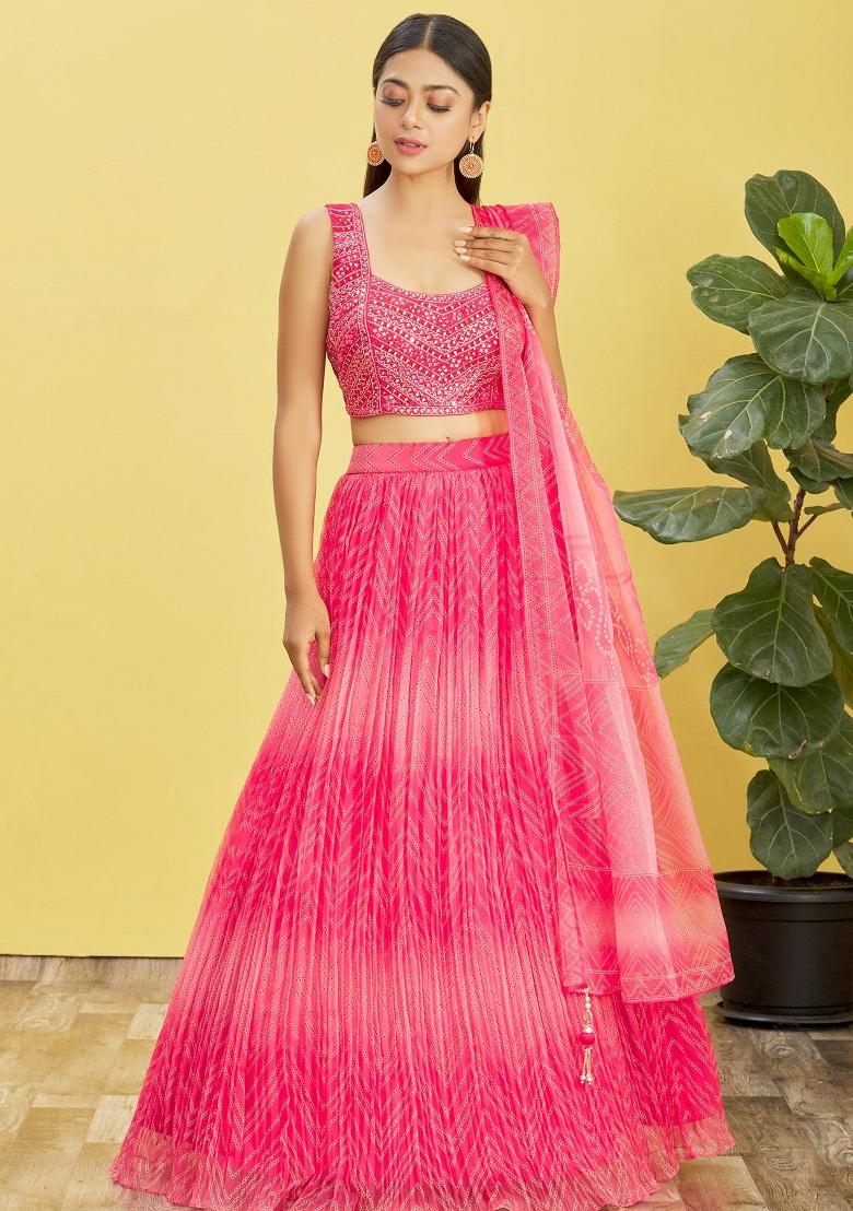 Pink Printed Organza Lehenga Set - Indya
