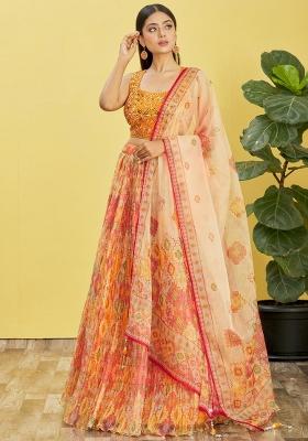 Yellow Printed Organza Lehenga Set
