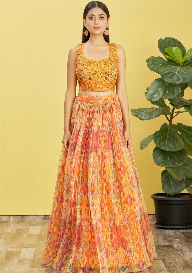 Yellow Printed Organza Lehenga Set - Indya