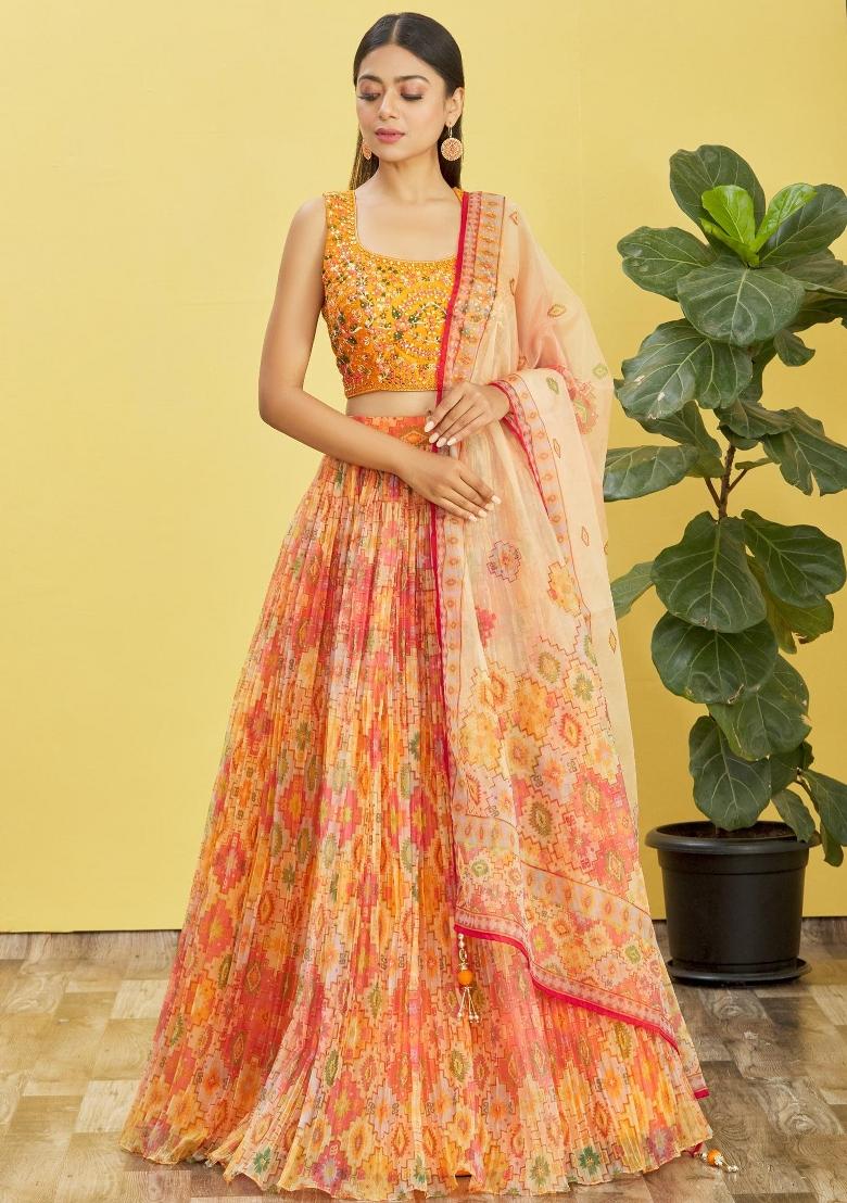 Yellow Printed Organza Lehenga Set - Indya