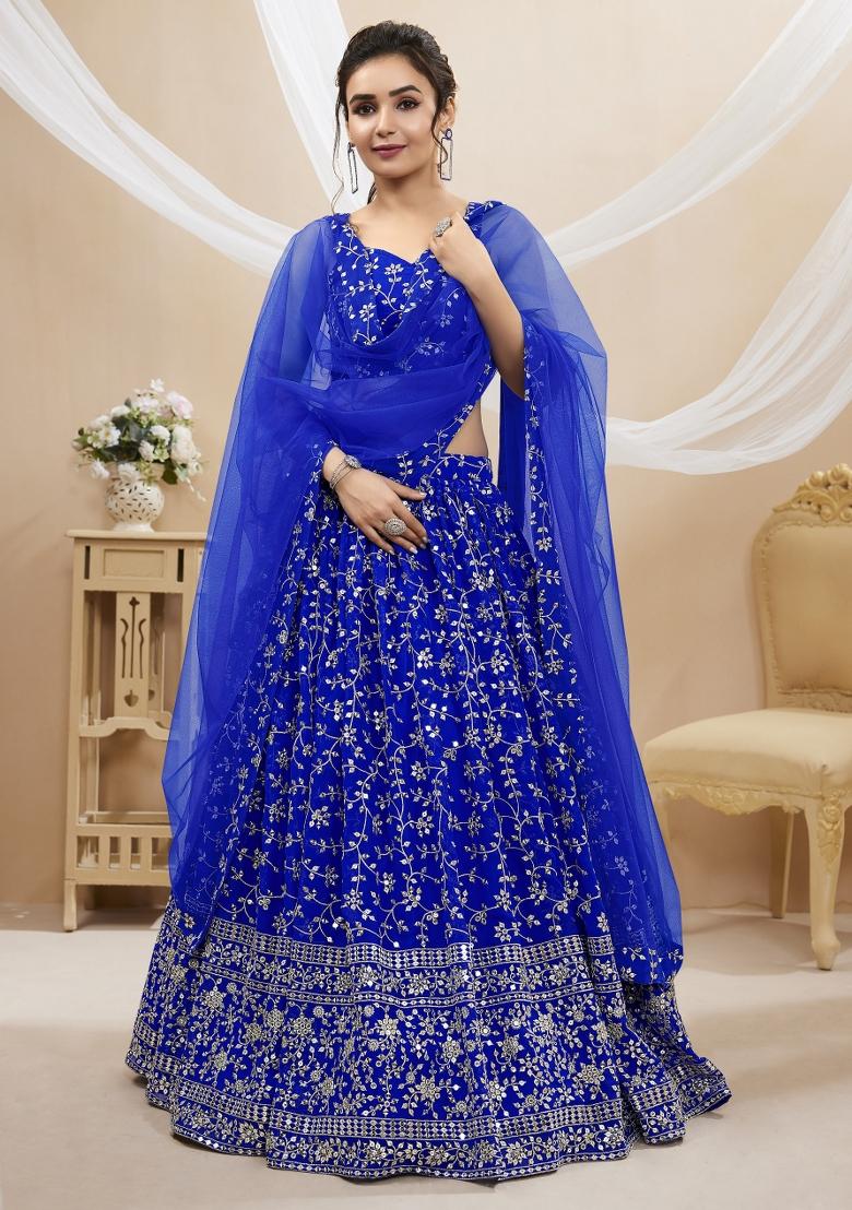 Blue Sequin Work Georgette Lehenga Set - Indya