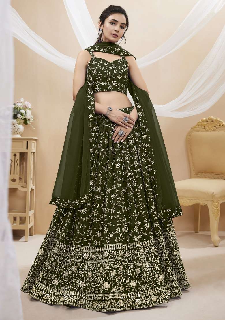 Green Work Georgette Lehenga Set with Sequin for Diwali | Wedding & Festive Wear - Indya